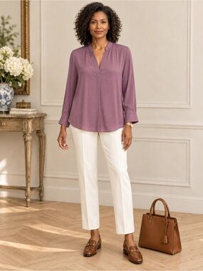 Naked Zebra Mauve Purple Pleated V-Neck Convertible Roll Tab Sleeve Blouse S